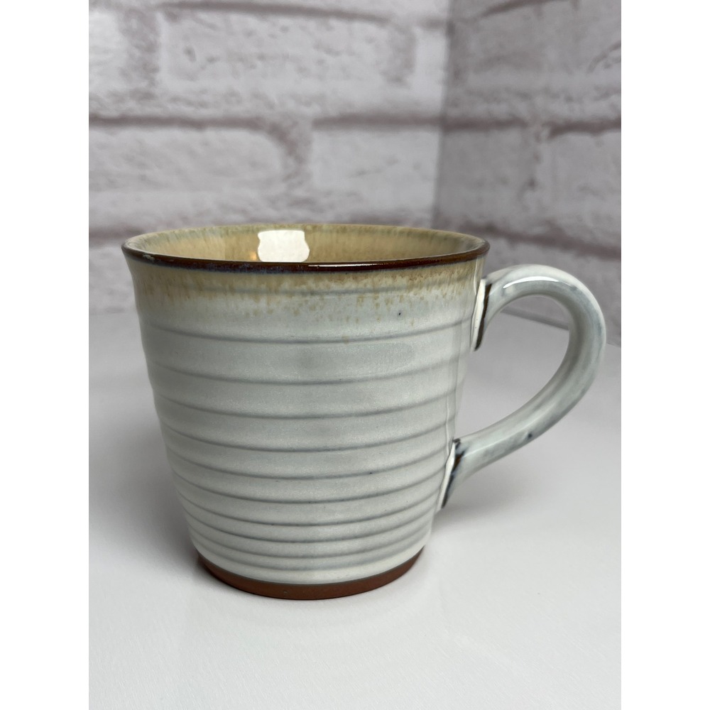 Laurie Gates Stoneware Coffee Mug White Tan Ribbed Reactive Glaze Replacement